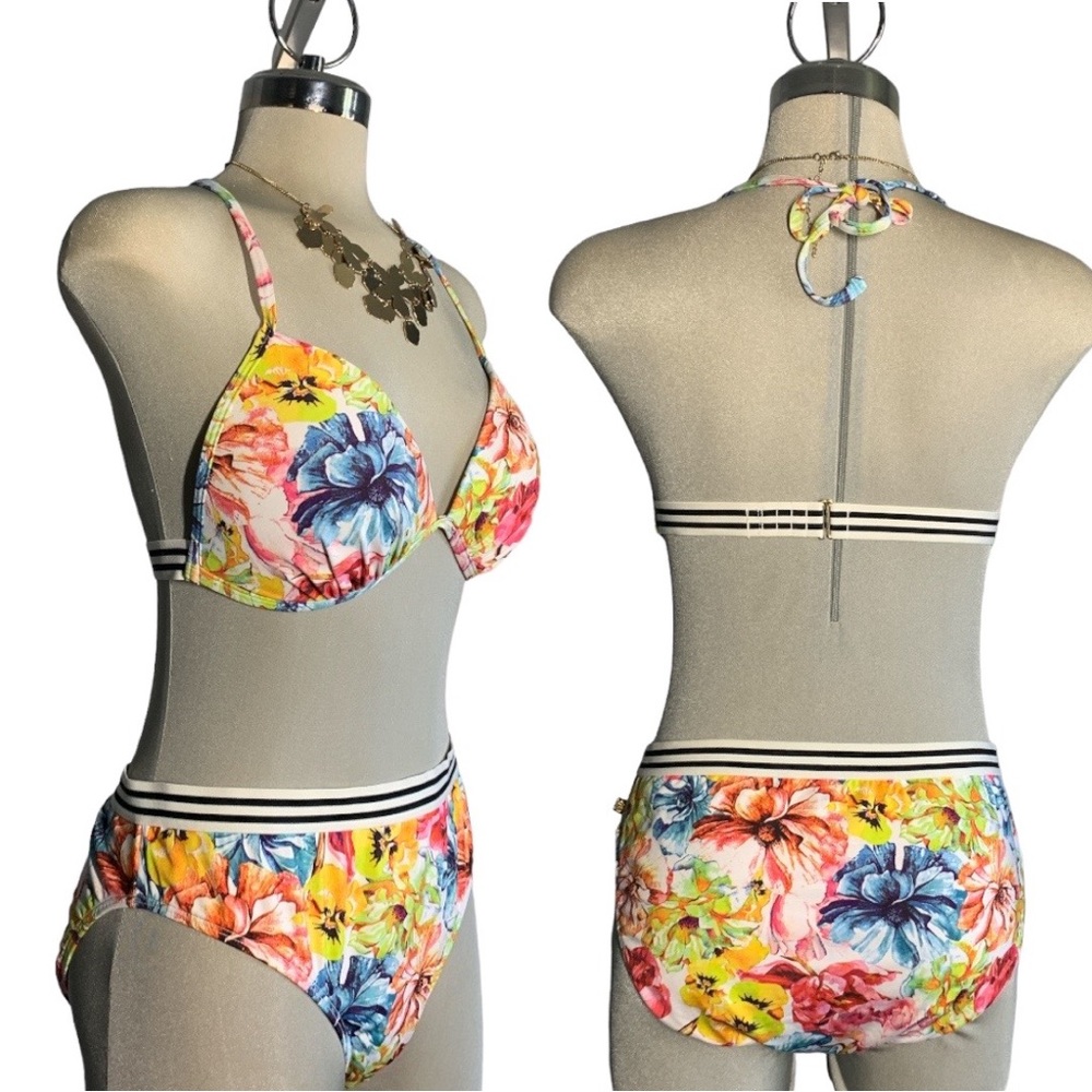 White Pink and Blue Push Up two pieces Bikini Swimsuit Top Size M Bikini Size L